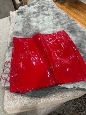 Danielle Guizio Red Patent Vinyl Mini Skirt with Lace-Up Eyelets